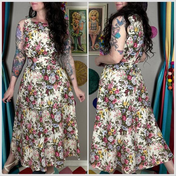 Vintage 1980s Cream Floral Print Sleeveless Cotton Midi Day Dress - Picture 4 of 7